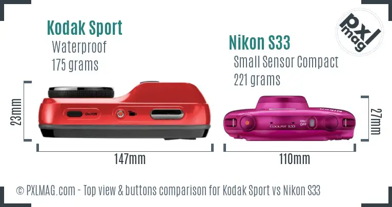 Kodak Sport vs Nikon S33 top view buttons comparison