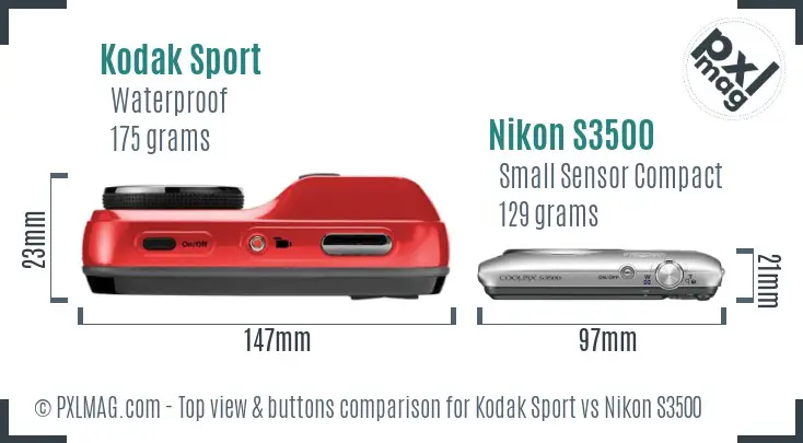 Kodak Sport vs Nikon S3500 top view buttons comparison Kodak Sport vs Nikon S3500 top view buttons comparison