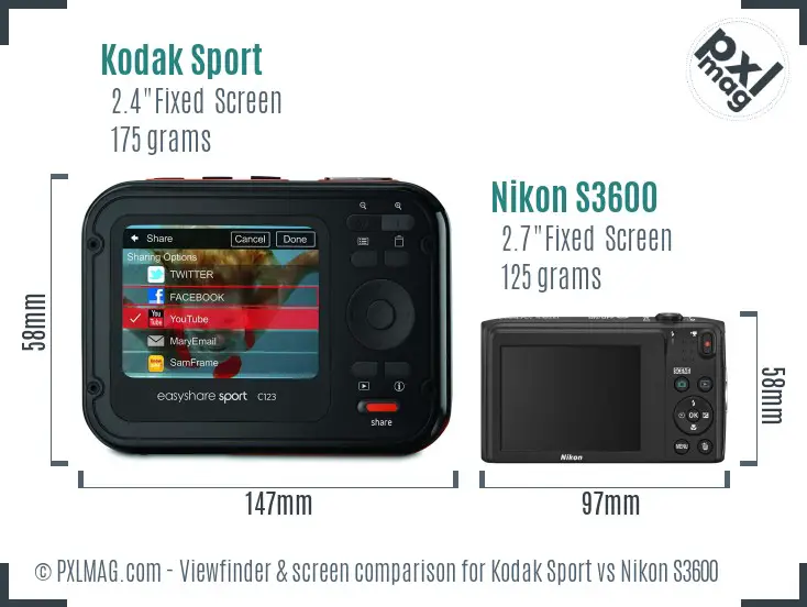 Kodak Sport vs Nikon S3600 Screen and Viewfinder comparison