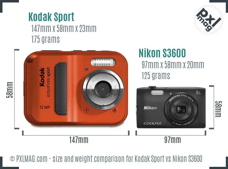 Kodak Sport vs Nikon S3600 size comparison