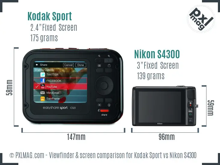 Kodak Sport vs Nikon S4300 Screen and Viewfinder comparison