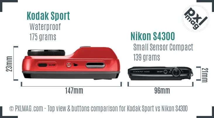 Kodak Sport vs Nikon S4300 top view buttons comparison