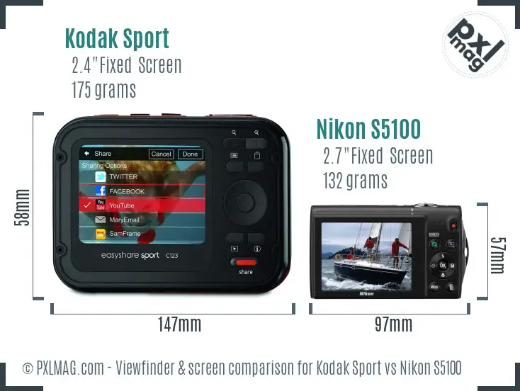 Kodak Sport vs Nikon S5100 Screen and Viewfinder comparison