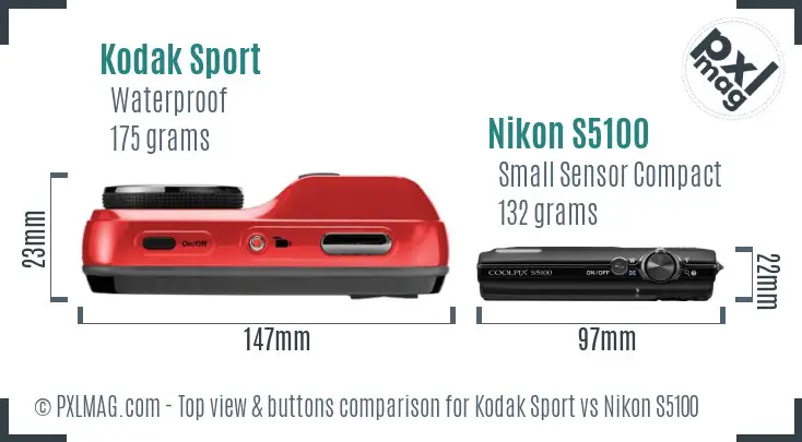 Kodak Sport vs Nikon S5100 top view buttons comparison