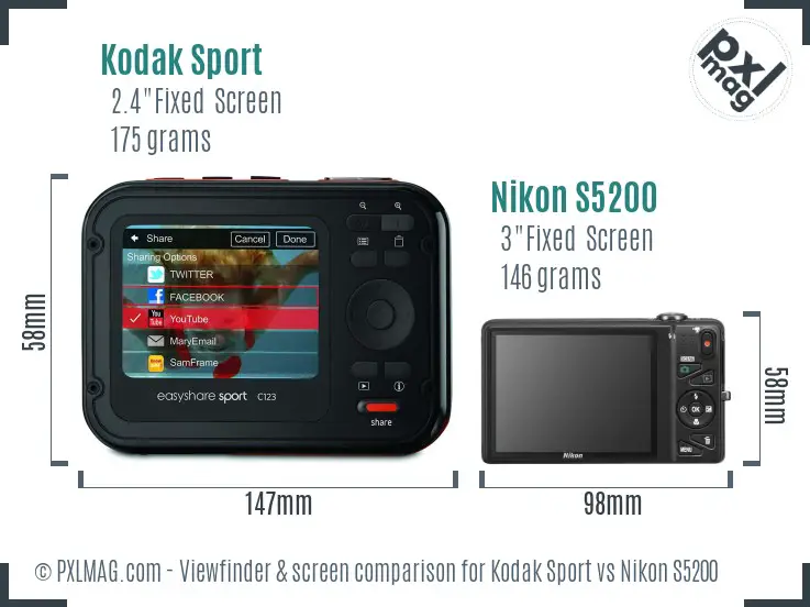 Kodak Sport vs Nikon S5200 Screen and Viewfinder comparison