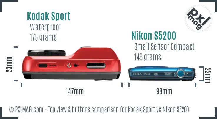 Kodak Sport vs Nikon S5200 top view buttons comparison