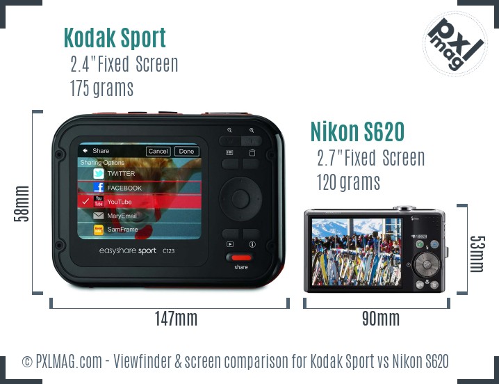 Kodak Sport vs Nikon S620 Screen and Viewfinder comparison