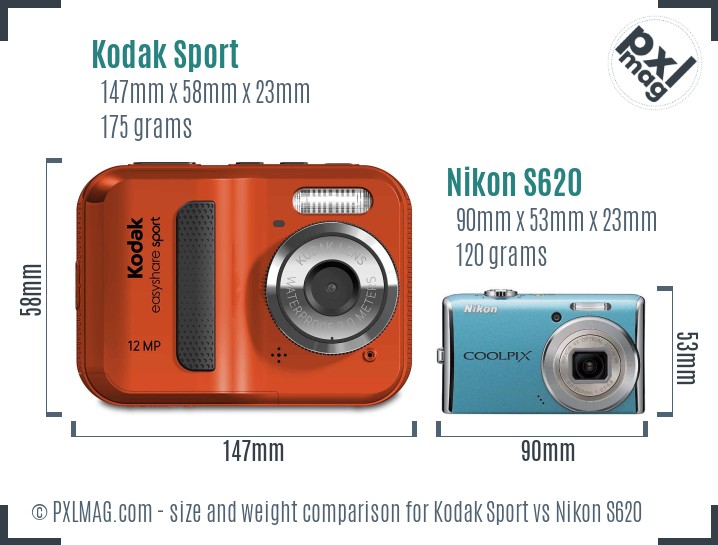 Kodak Sport vs Nikon S620 size comparison