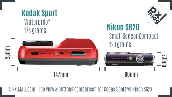 Kodak Sport vs Nikon S620 top view buttons comparison