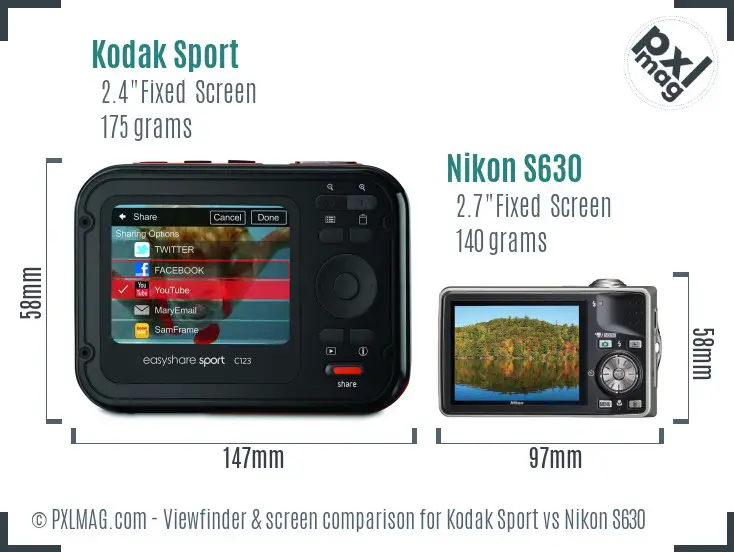 Kodak Sport vs Nikon S630 Screen and Viewfinder comparison