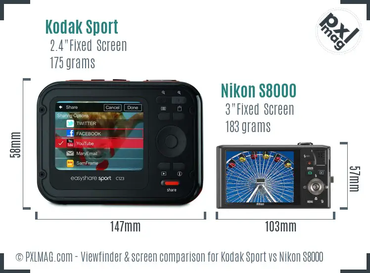 Kodak Sport vs Nikon S8000 Screen and Viewfinder comparison