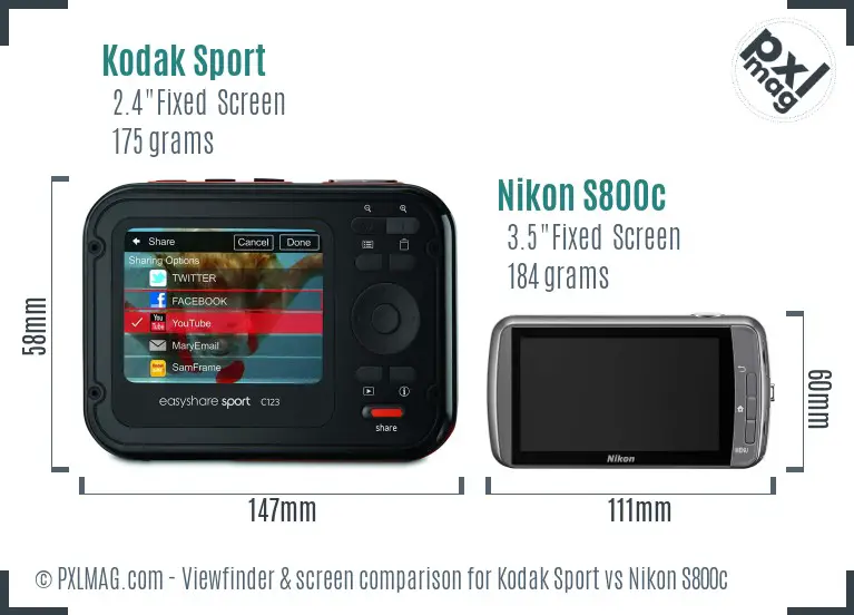 Kodak Sport vs Nikon S800c Screen and Viewfinder comparison