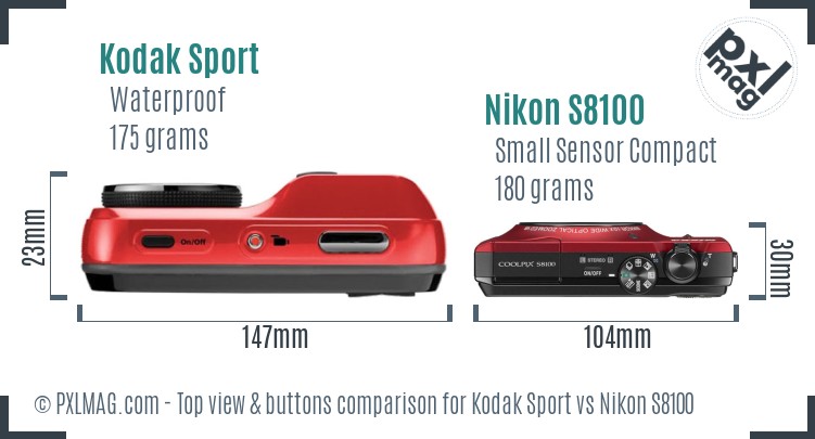 Kodak Sport vs Nikon S8100 top view buttons comparison