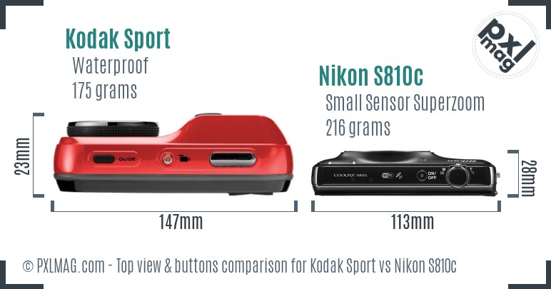 Kodak Sport vs Nikon S810c top view buttons comparison