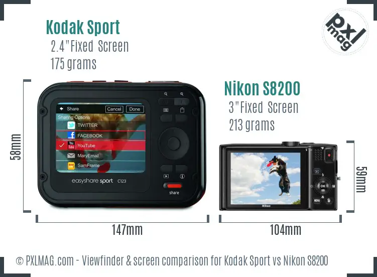 Kodak Sport vs Nikon S8200 Screen and Viewfinder comparison
