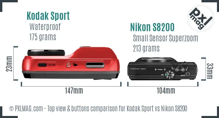 Kodak Sport vs Nikon S8200 top view buttons comparison