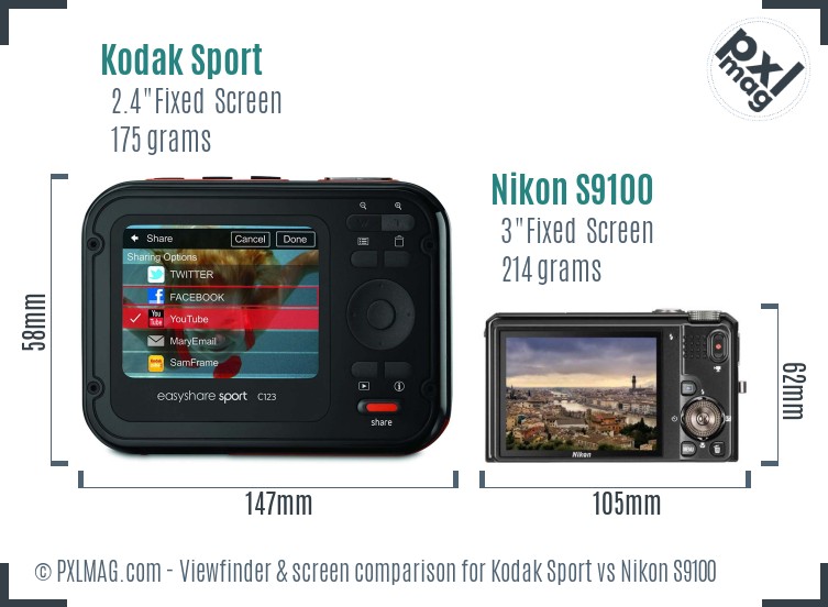 Kodak Sport vs Nikon S9100 Screen and Viewfinder comparison