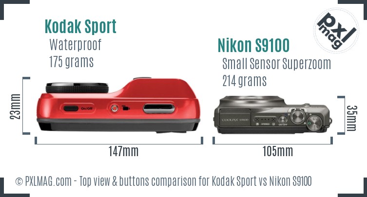 Kodak Sport vs Nikon S9100 top view buttons comparison