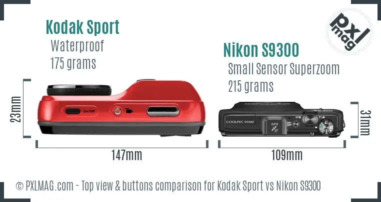 Kodak Sport vs Nikon S9300 top view buttons comparison Kodak Sport vs Nikon S9300 top view buttons comparison