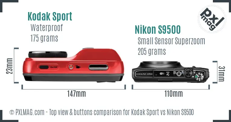 Kodak Sport vs Nikon S9500 top view buttons comparison Kodak Sport vs Nikon S9500 top view buttons comparison