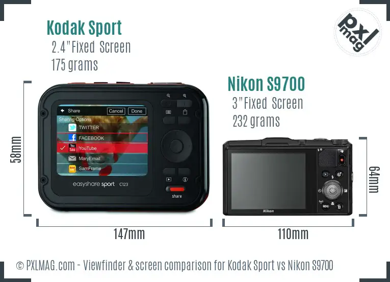 Kodak Sport vs Nikon S9700 Screen and Viewfinder comparison