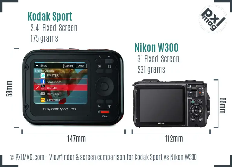 Kodak Sport vs Nikon W300 Screen and Viewfinder comparison