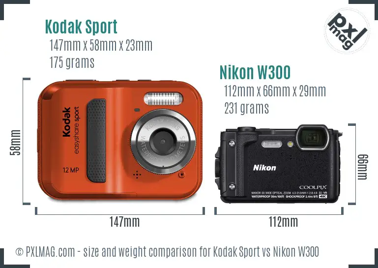 Kodak Sport vs Nikon W300 size comparison