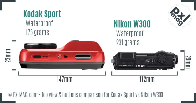 Kodak Sport vs Nikon W300 top view buttons comparison