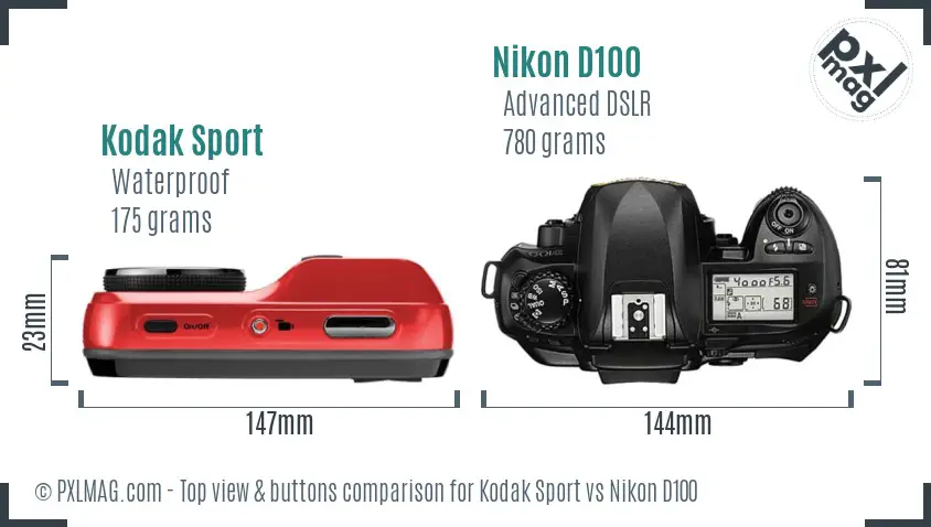 Kodak Sport vs Nikon D100 top view buttons comparison