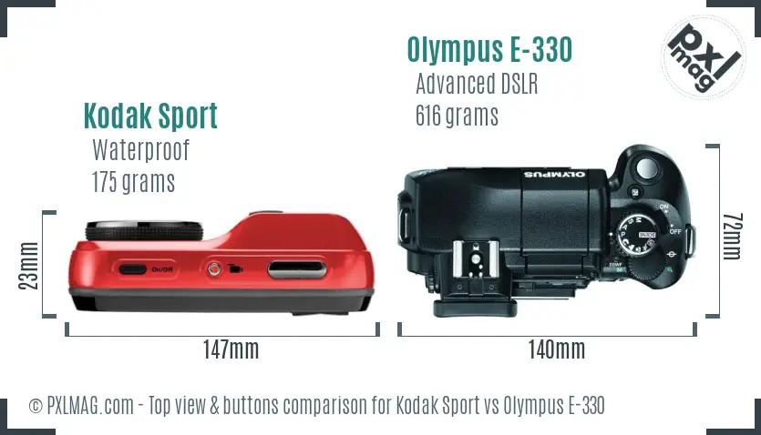 Kodak Sport vs Olympus E-330 top view buttons comparison