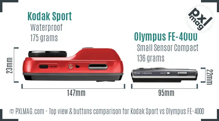 Kodak Sport vs Olympus FE-4000 top view buttons comparison