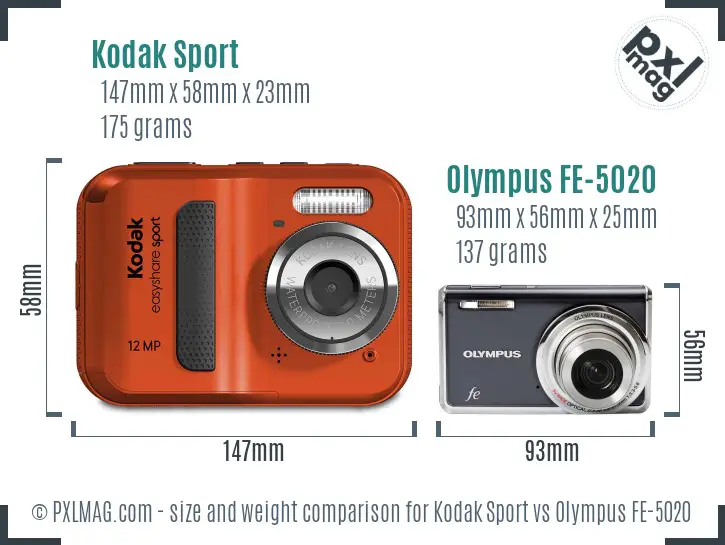 Kodak Sport vs Olympus FE-5020 size comparison