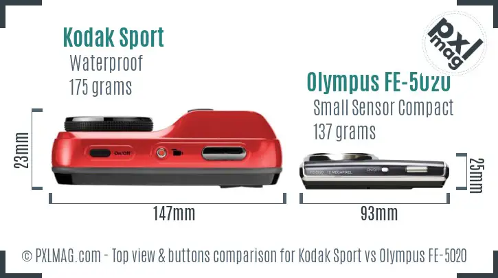 Kodak Sport vs Olympus FE-5020 top view buttons comparison