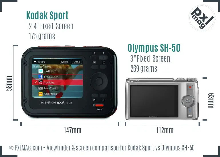 Kodak Sport vs Olympus SH-50 Screen and Viewfinder comparison