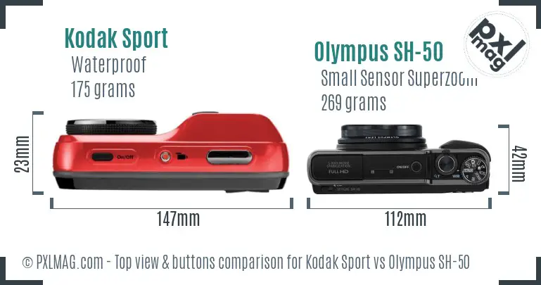 Kodak Sport vs Olympus SH-50 top view buttons comparison