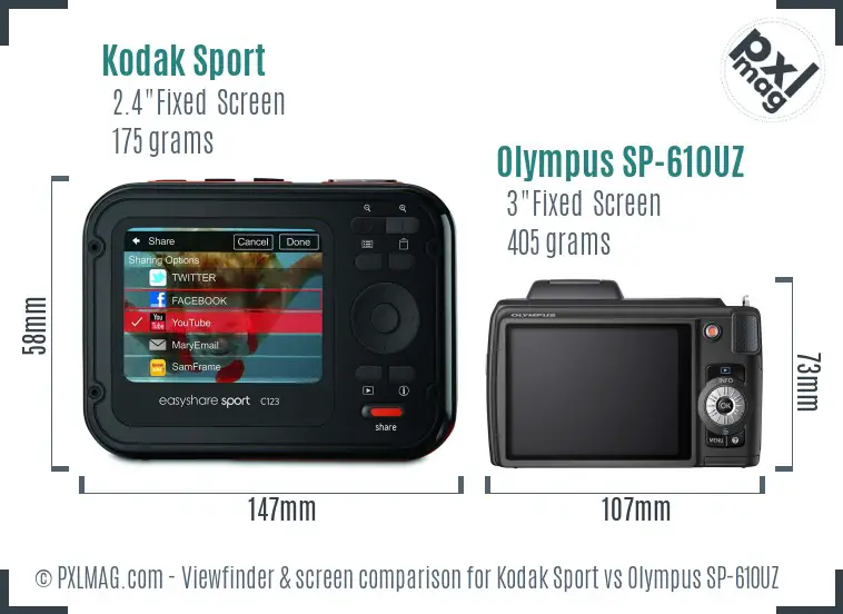 Kodak Sport vs Olympus SP-610UZ Screen and Viewfinder comparison