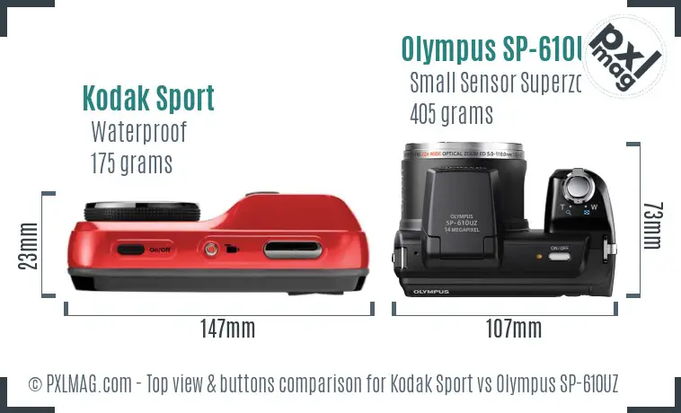 Kodak Sport vs Olympus SP-610UZ top view buttons comparison