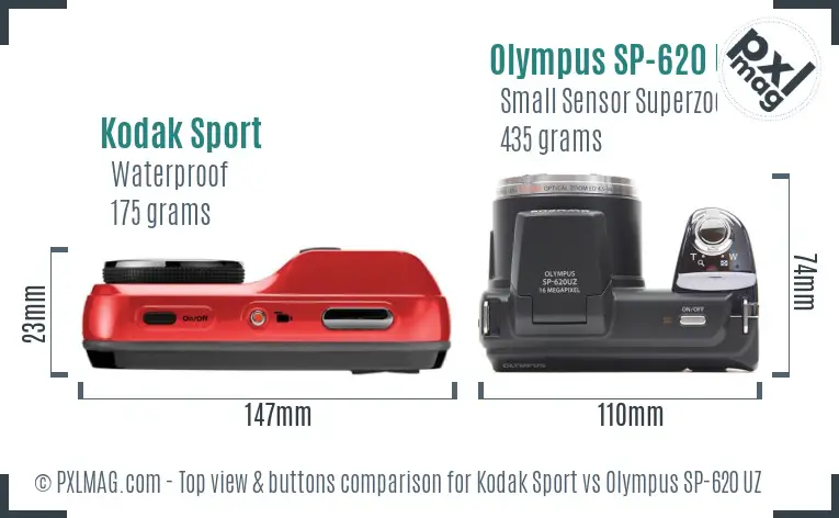 Kodak Sport vs Olympus SP-620 UZ top view buttons comparison Kodak Sport vs Olympus SP-620 UZ top view buttons comparison