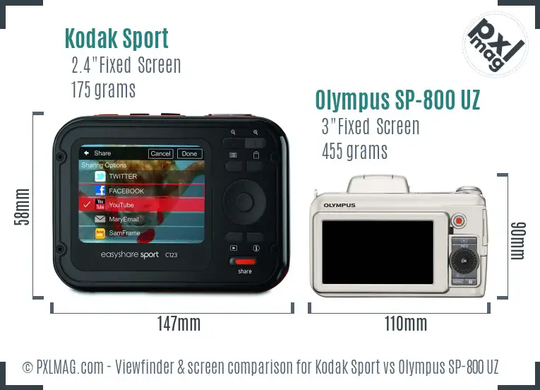 Kodak Sport vs Olympus SP-800 UZ Screen and Viewfinder comparison