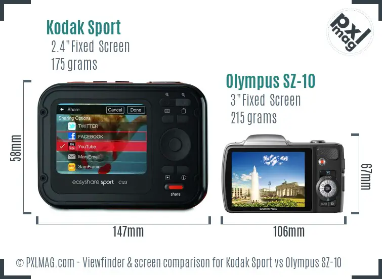 Kodak Sport vs Olympus SZ-10 Screen and Viewfinder comparison