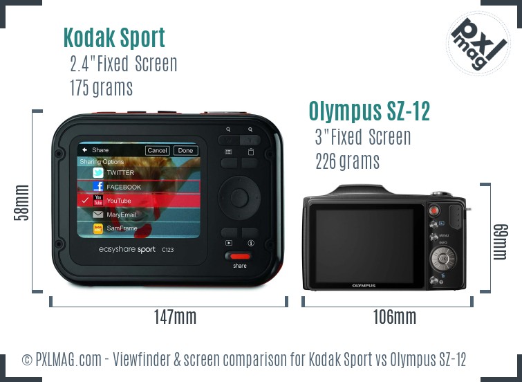 Kodak Sport vs Olympus SZ-12 Screen and Viewfinder comparison