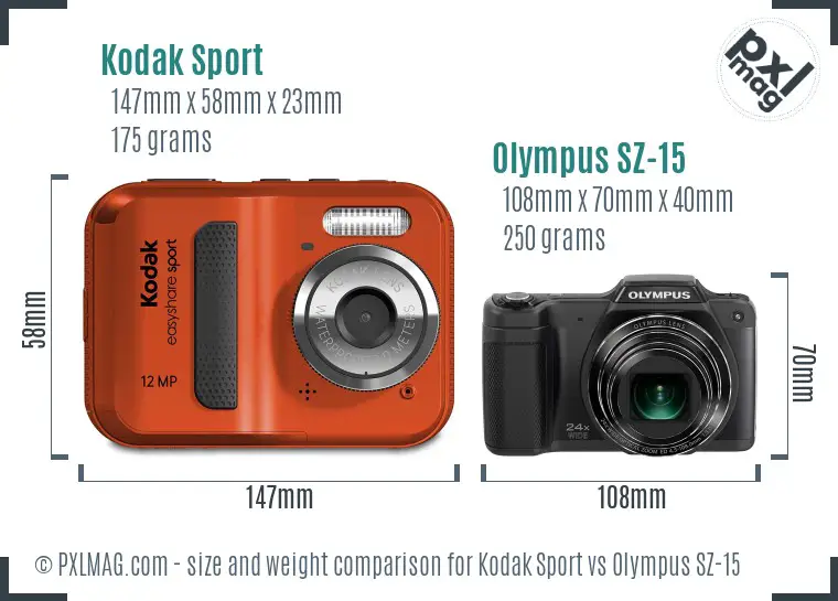 Kodak Sport vs Olympus SZ-15 size comparison