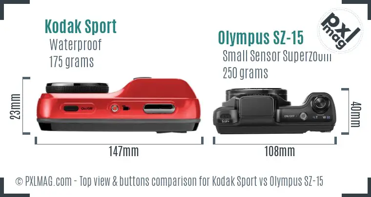 Kodak Sport vs Olympus SZ-15 top view buttons comparison