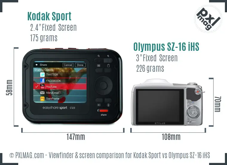 Kodak Sport vs Olympus SZ-16 iHS Screen and Viewfinder comparison