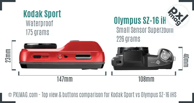 Kodak Sport vs Olympus SZ-16 iHS top view buttons comparison