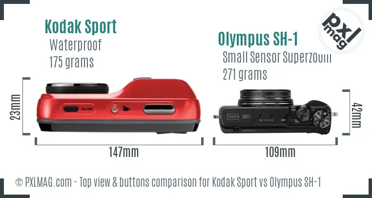 Kodak Sport vs Olympus SH-1 top view buttons comparison