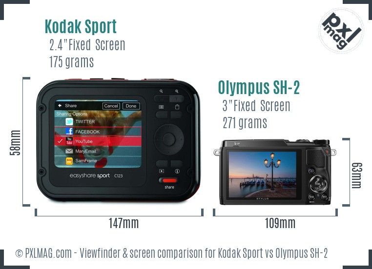 Kodak Sport vs Olympus SH-2 Screen and Viewfinder comparison