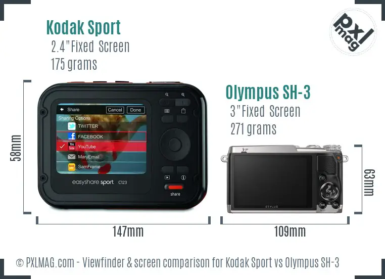 Kodak Sport vs Olympus SH-3 Screen and Viewfinder comparison