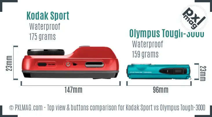Kodak Sport vs Olympus Tough-3000 top view buttons comparison