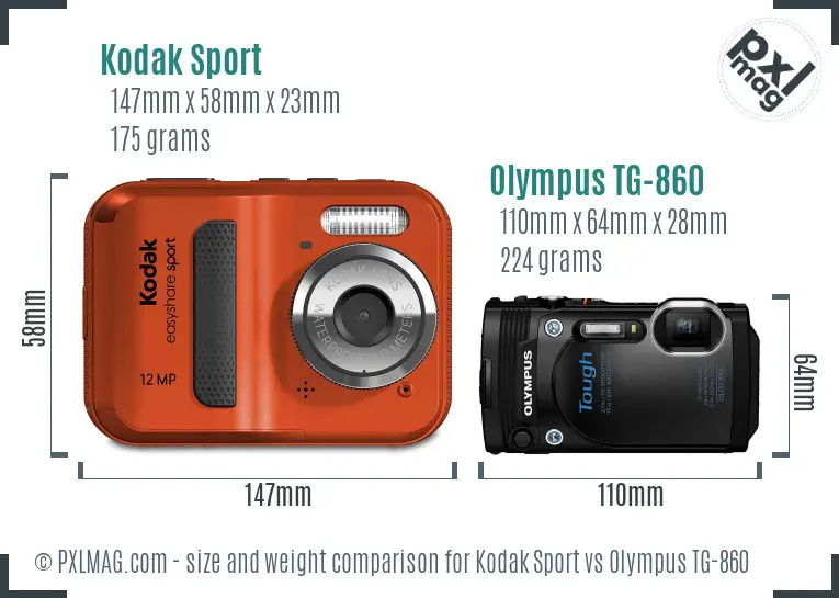 Kodak Sport vs Olympus TG-860 size comparison